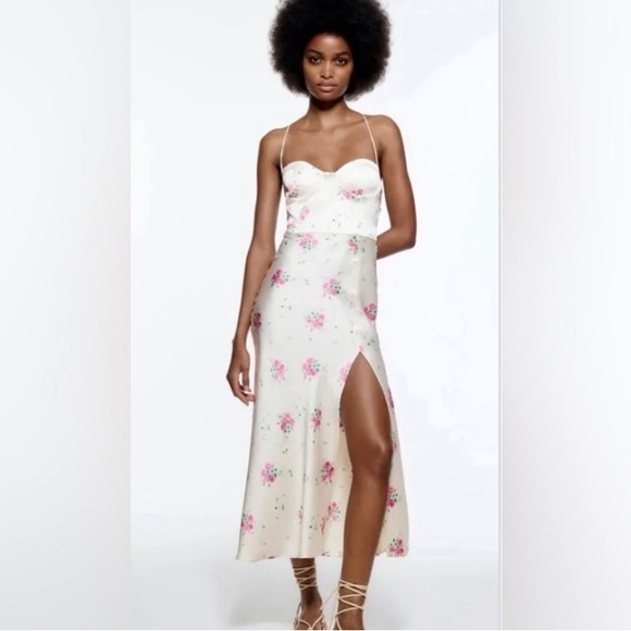 Zara satin midi dress white with pink florals size M 7596/479 - Picture 2 of 8